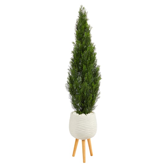 5ft. Cedar Artificial Tree in White Planter with Stand (Indoor/Outdoor)